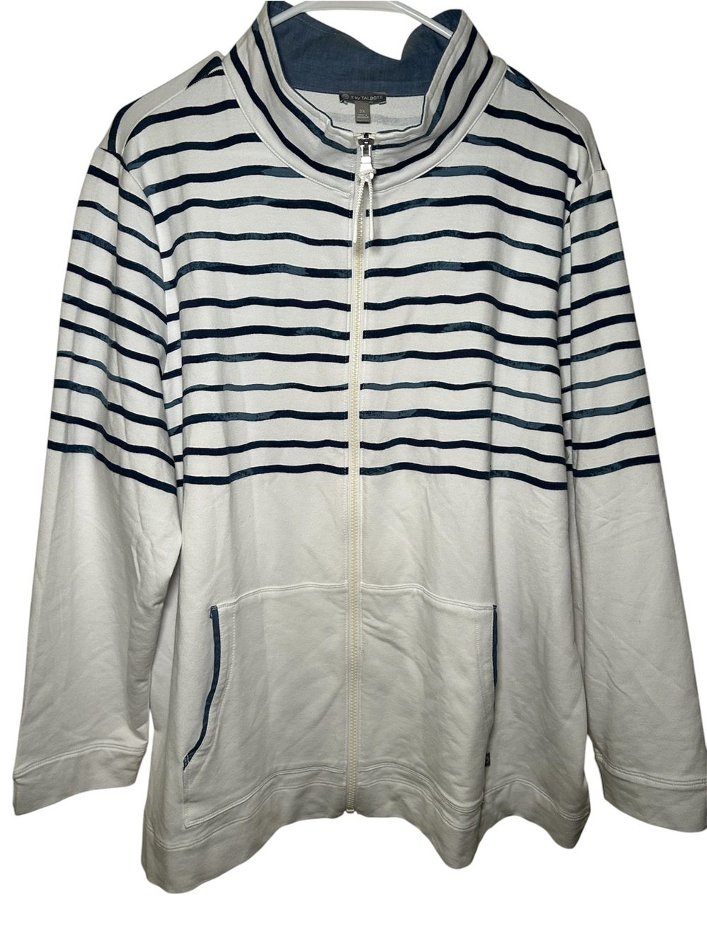 Talbots Striped Full-Zip Womens Sweater Jacket White & Navy Nautical Casual